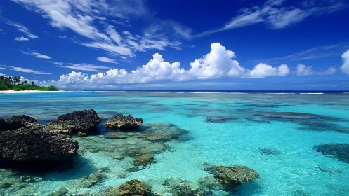 Sunlit turquoise lagoon and deep blue sky in quiet harmony.