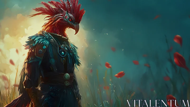Crimson bird warrior wandering through a dreamlit meadow.