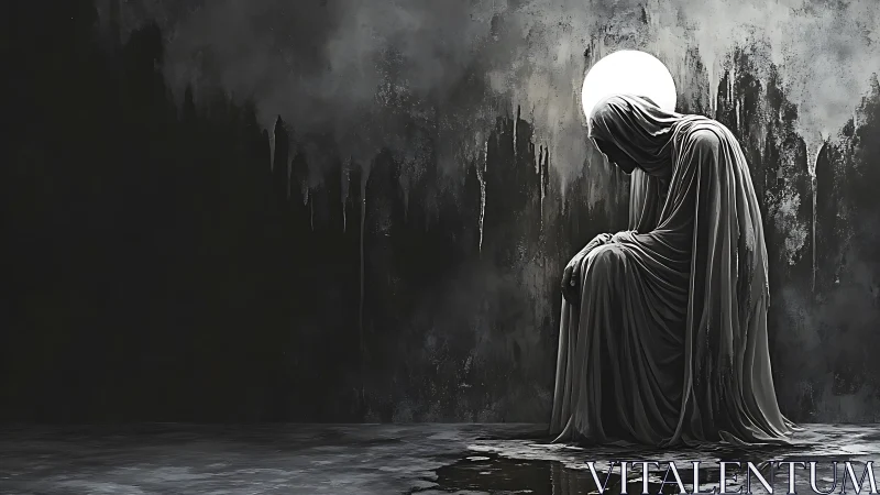 Shrouded seated figure under circular backlight in ruins.