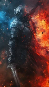 Armored swordsman between blue energy and fire field.