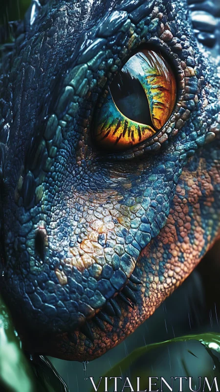 Hyperreal reptilian eye macro with wet iridescent scalation