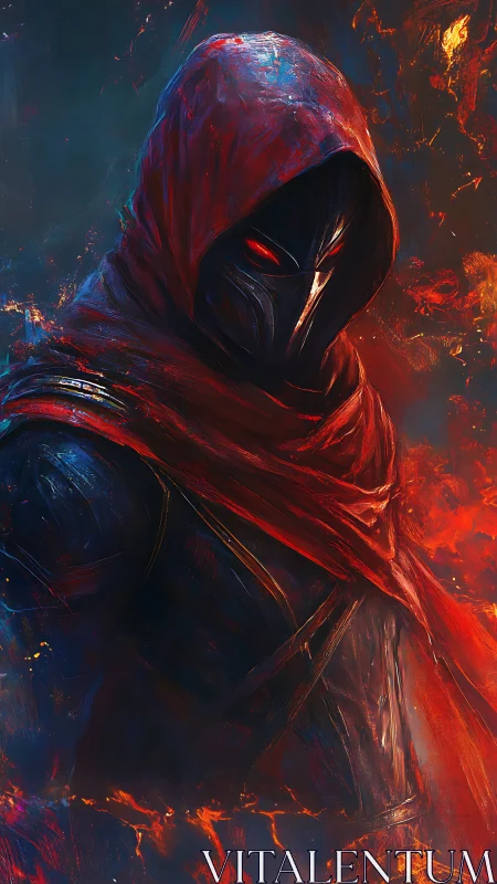 Hooded masked figure stands in fiery, high-contrast lighting