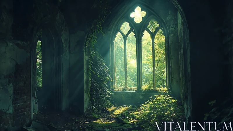 Sunlit ivy in ruined gothic stone hall with tall windows.
