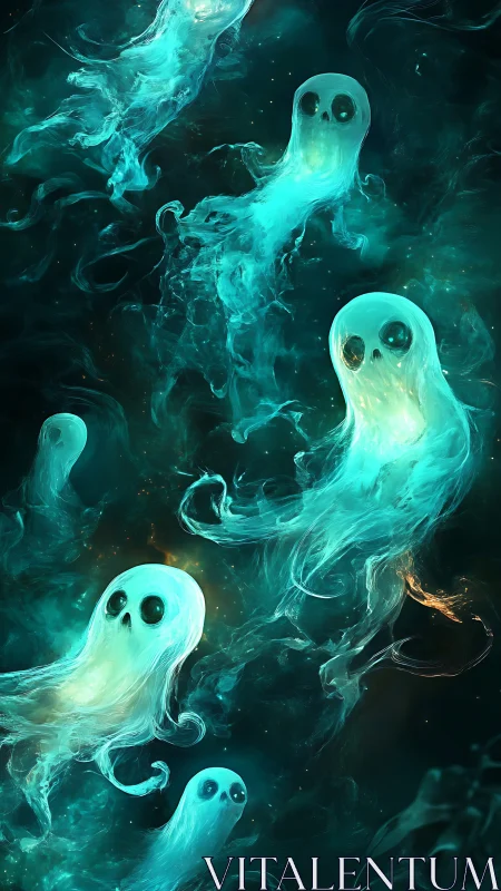 Multiple translucent spirit forms drift through dark space