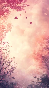 Rose-tinted leaves drift upward through a dream-bright sky