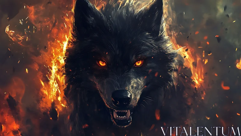 Digital wolf head portrait surrounded by rising flames.