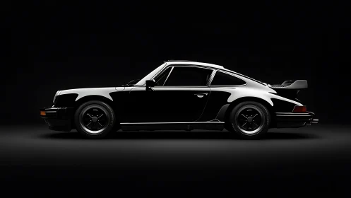 Classic black sports coupe stands in dramatic studio shadow