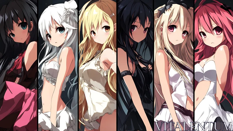 Six stylized anime girls stand in dramatic vertical panels.