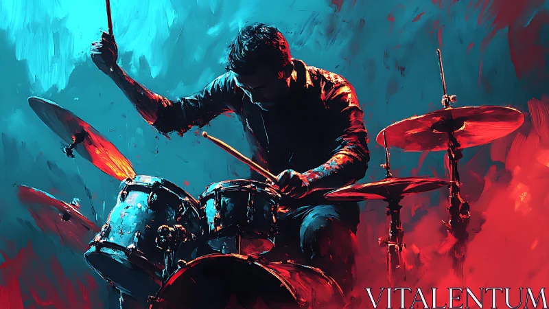 Dynamic drummer framed in dual-tone abstract lighting.