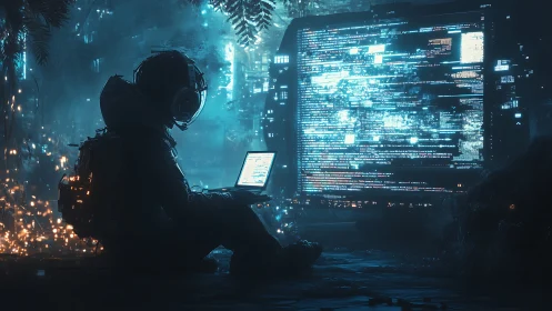 Lone coder explores glowing data in a dreamy neon forest.
