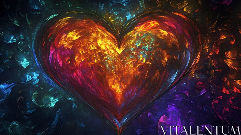 Flaming fractal heart radiates cosmic energy and emotion