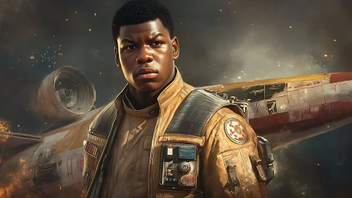 Space pilot stands before damaged starfighter in smoke