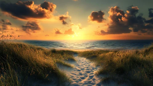 Sunlit dune path quietly ushers wanderers toward molten sea