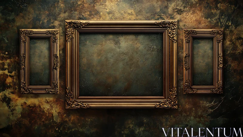 Ornate empty frames crown a moody, timeworn gallery wall.