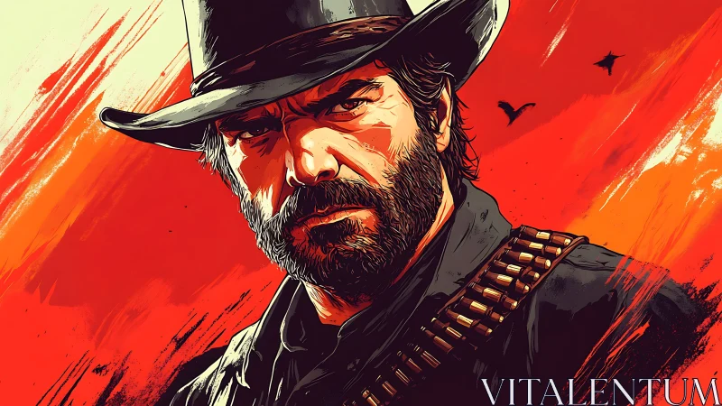 Gritty bearded gunslinger portrait in bold red palette.