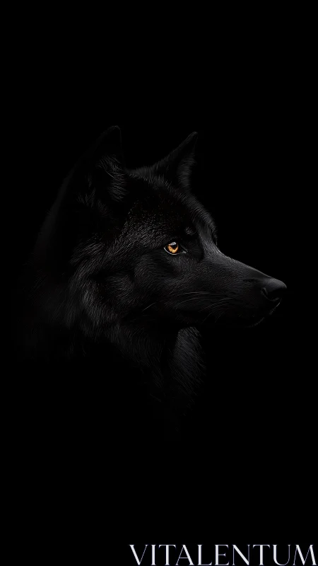 Black wolf profile with vivid amber eye on dark void.
