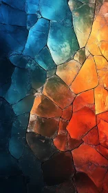 Shattered glass surface merges cool blues with warm embers