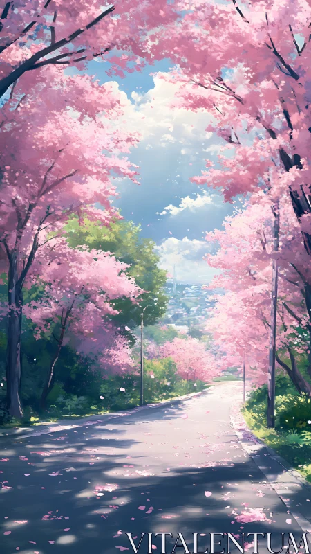 Cherry blossom lined road leading toward distant town.