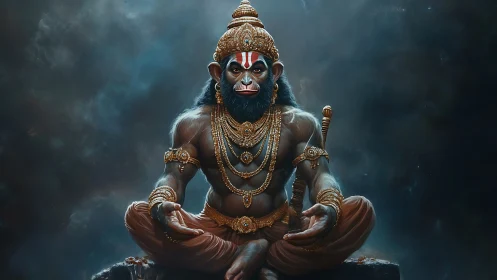 Serene monkey warrior sits in golden ornaments and calm power.