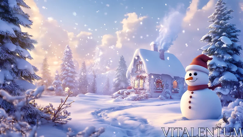Snow-covered cottage and snowman rendered in soft luminous light