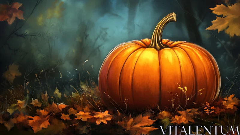 Autumn forest pumpkin rendered with high-contrast rim lighting and depth