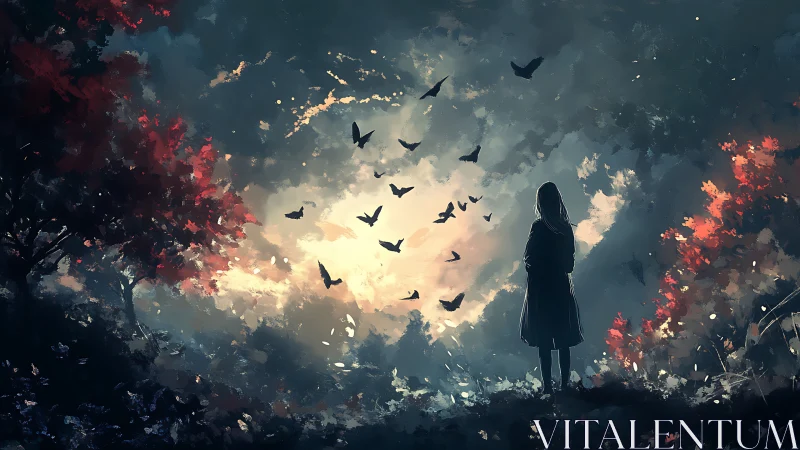 Soft dawn light welcomes a lone girl among circling birds