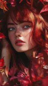 Red haired woman framed by autumn leaves gazes away