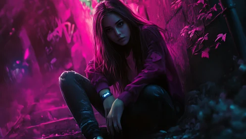 Neon-lit alley girl sits in vivid magenta urban solitude