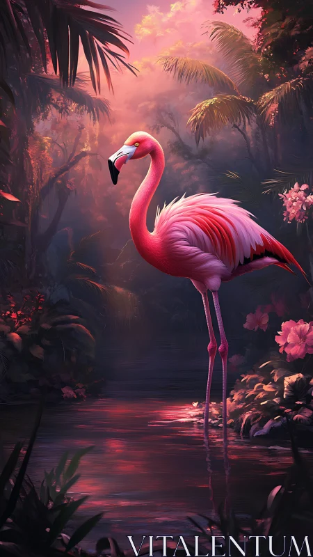 Pink flamingo standing in lush tropical lagoon at sunset.