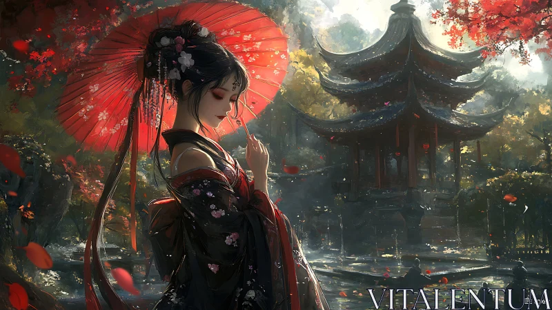 Woman with red parasol before traditional pavilion at pond.