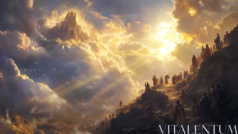 Celestial city above pilgrims ascending sunlit mountain path.