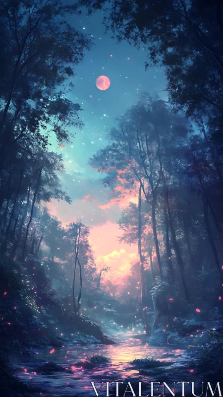 Digital landscape depicts forest clearing with celestial moonrise and atmospheric luminescence