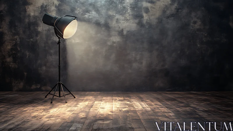 Studio spotlight on worn wooden floor, dark wall backdrop.