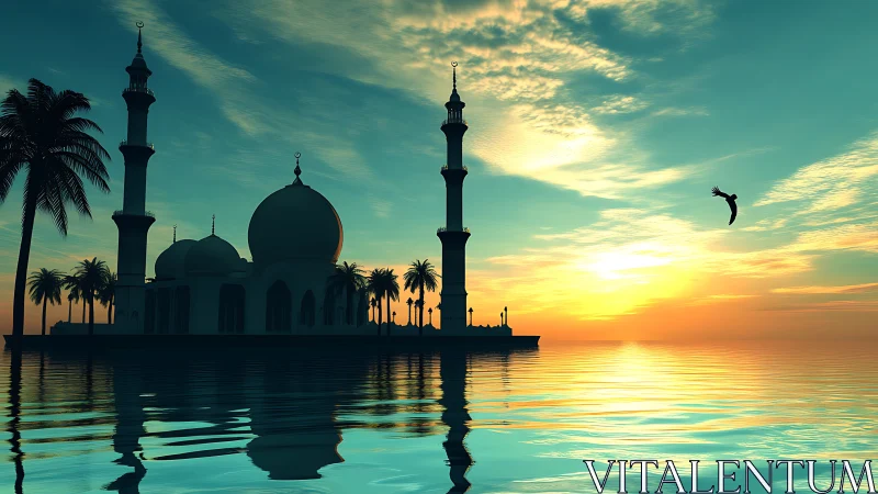 Golden sunset silhouettes a tranquil seaside mosque in reflection