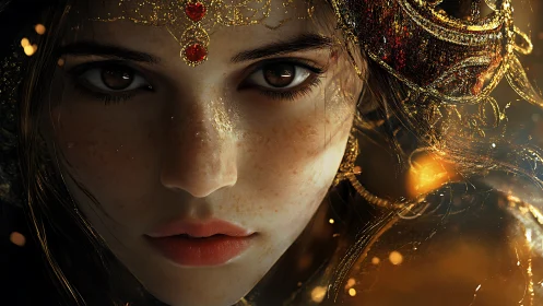 Close portrait of jeweled woman in warm dramatic light.