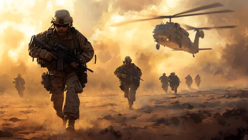 Dust storm descent as soldiers sprint beneath roaring rotors.