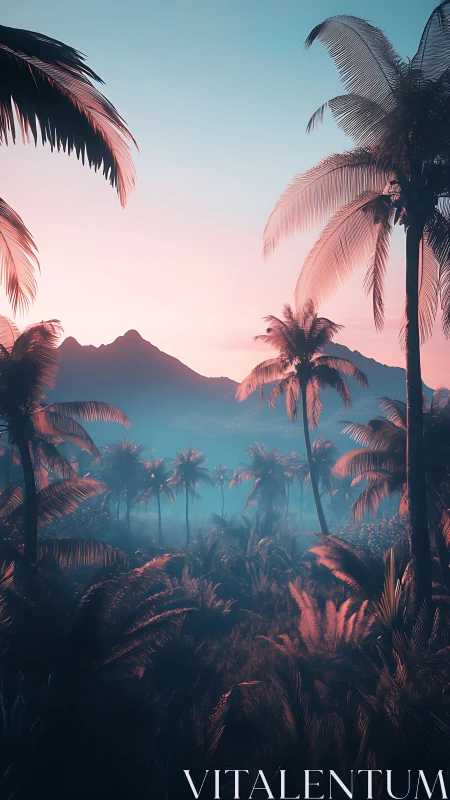 Cinematic tropical palm forest at pastel dusk with fog layers