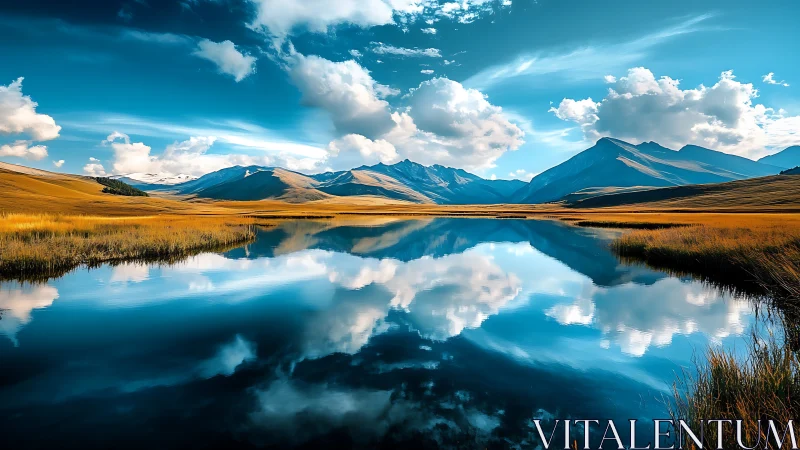 Mountain lake mirrors clouds under deep blue sky