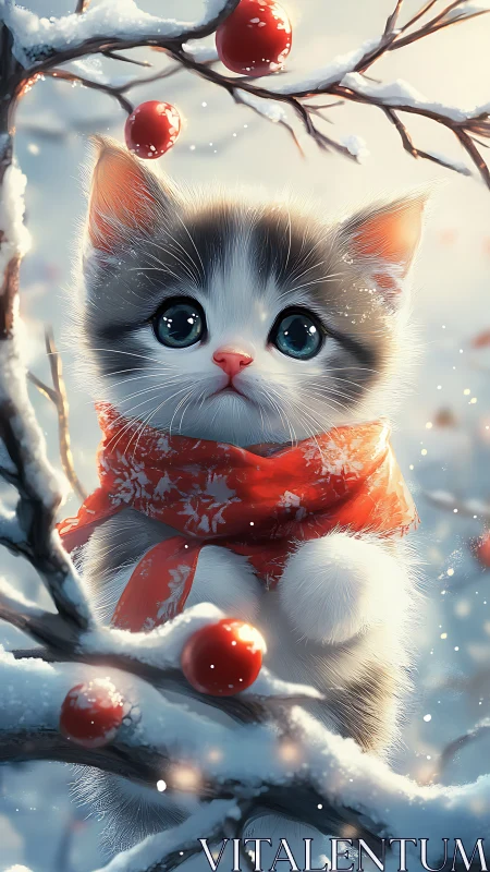 Snowy winter kitten with red scarf among frosted berries