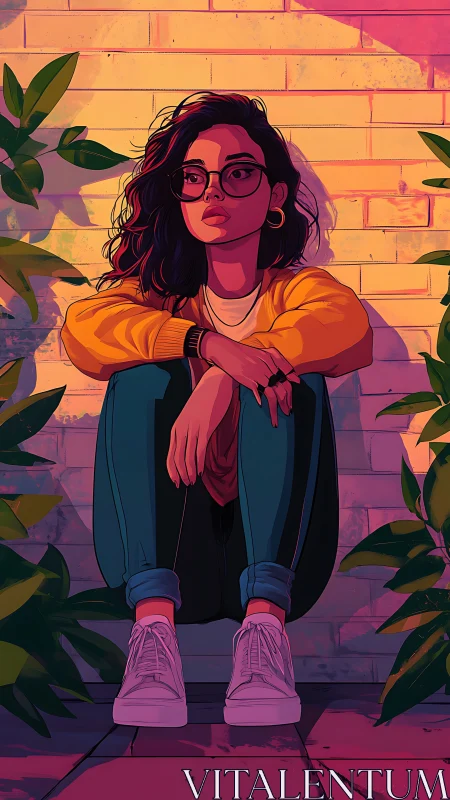 Stylized sunset portrait of seated woman with strong rim lighting