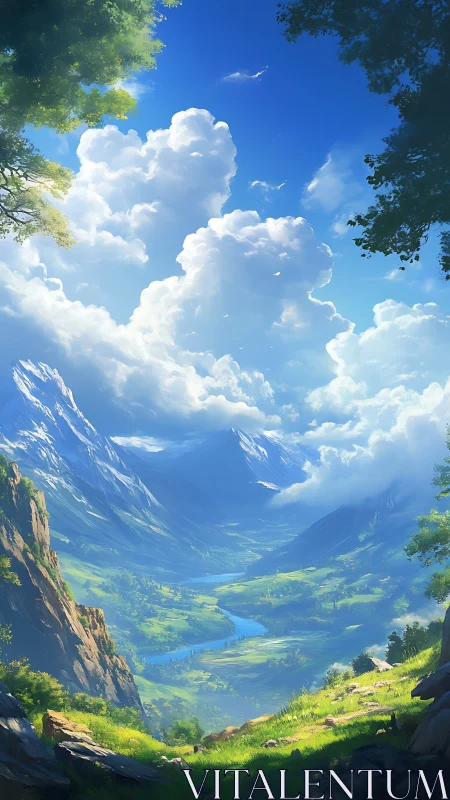 Sunlit mountain valley opens into a peaceful, endless horizon