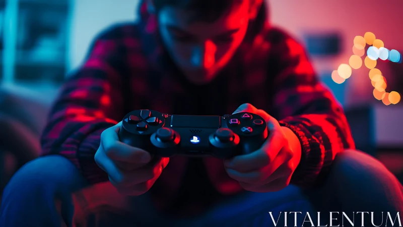 Person holds game controller in low light indoor environment