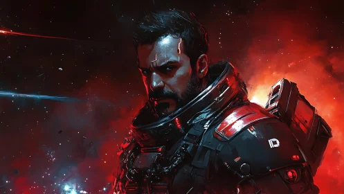 Battle-scarred space marine under burning red nebula.