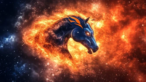 Fiery blue horse head emerging from bright cosmic nebula.