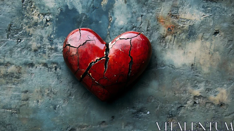 Fractured Red Heart Against Weathered Blue-Gray Wall Surface