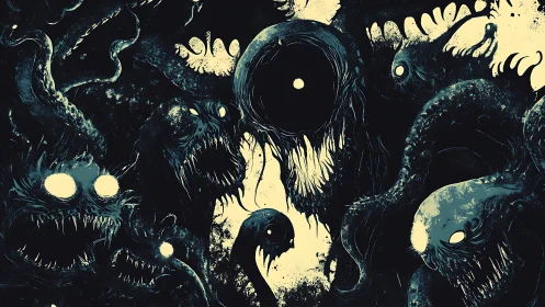 Nightmarish sea creatures swirl around a watchful cosmic eye