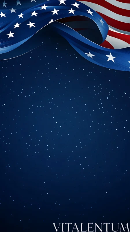 American flag ribbon curves over dark blue starry background