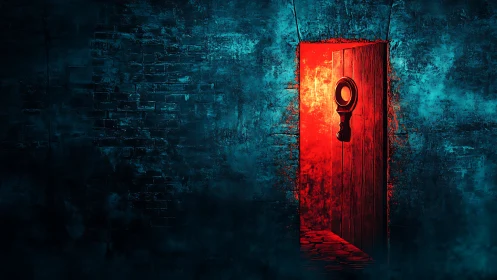 Thermal portal in corroded brick wall with optical knocker.