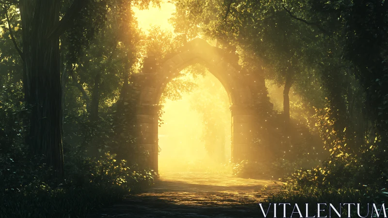 Backlit stone forest arch rendered with volumetric god rays