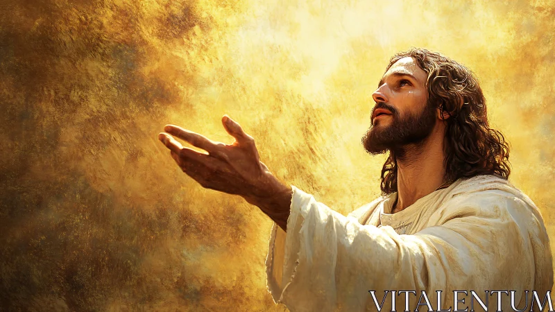 Figure in white robe extends hands toward glowing light